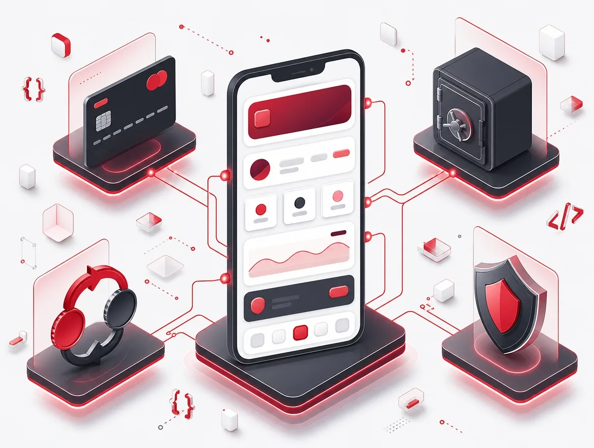 Digital banking platform linking a mobile app to card issuing, account vault, security, and customer service