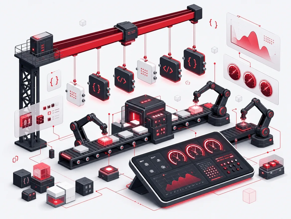 Shop floor production line with machine stations feeding a real-time execution monitoring dashboard