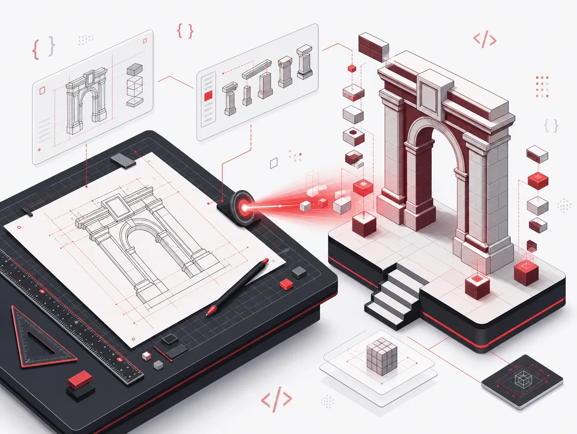 A blueprint on a drafting tablet being assembled into modular interface components