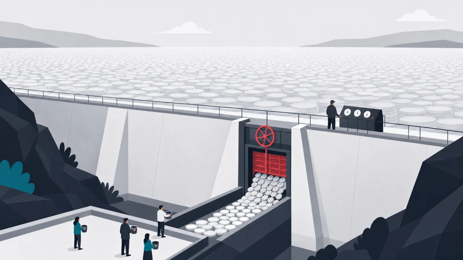 A dam holding a vast reservoir of coins with one measured sluice stream released to waiting figures below