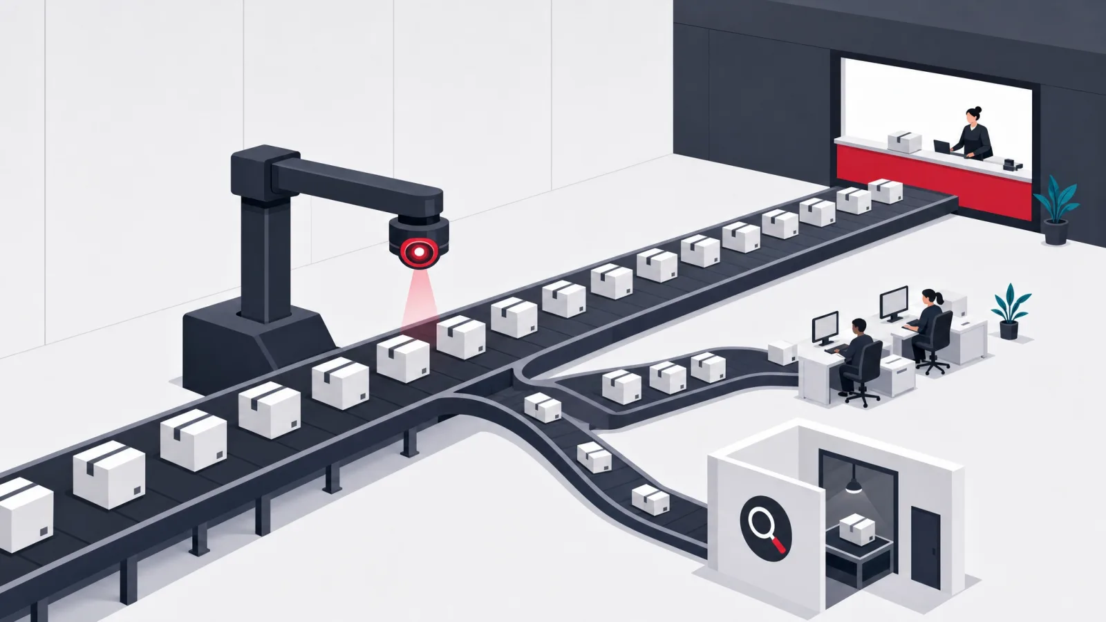A lens-guided arm sorting parcels onto a wide fast track, a middle desk track and a narrow magnifier-room track