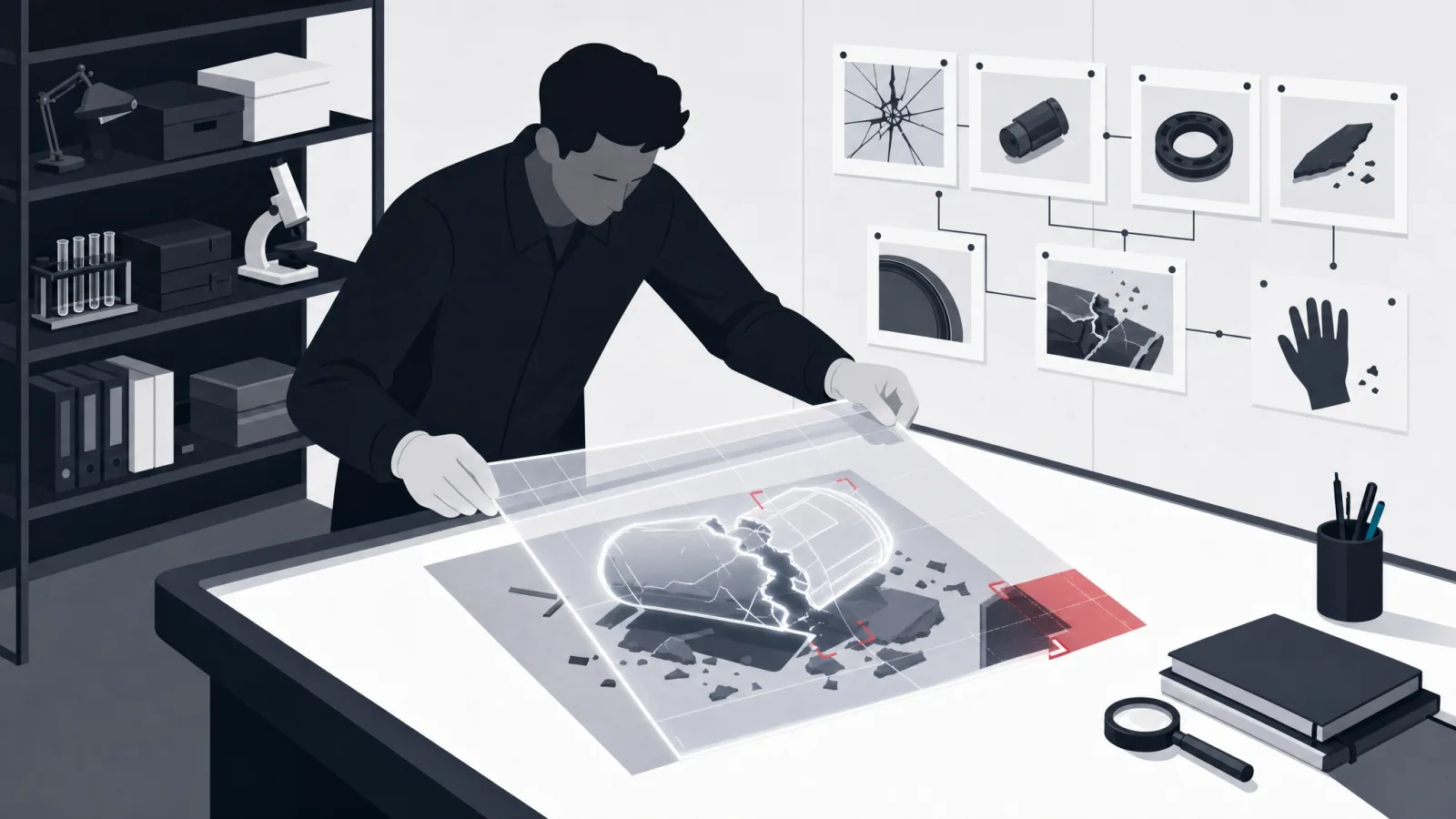An investigator aligning a translucent contract sheet over an image of a broken object on a light table, one corner dark