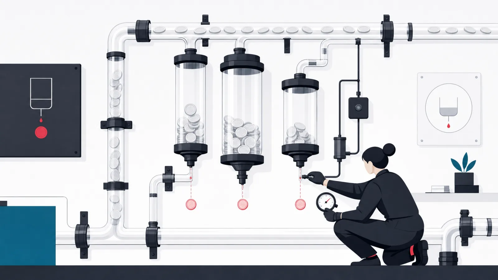 A wall of transparent coin pipes with calibrated holding tanks and a figure sealing hairline drip leaks