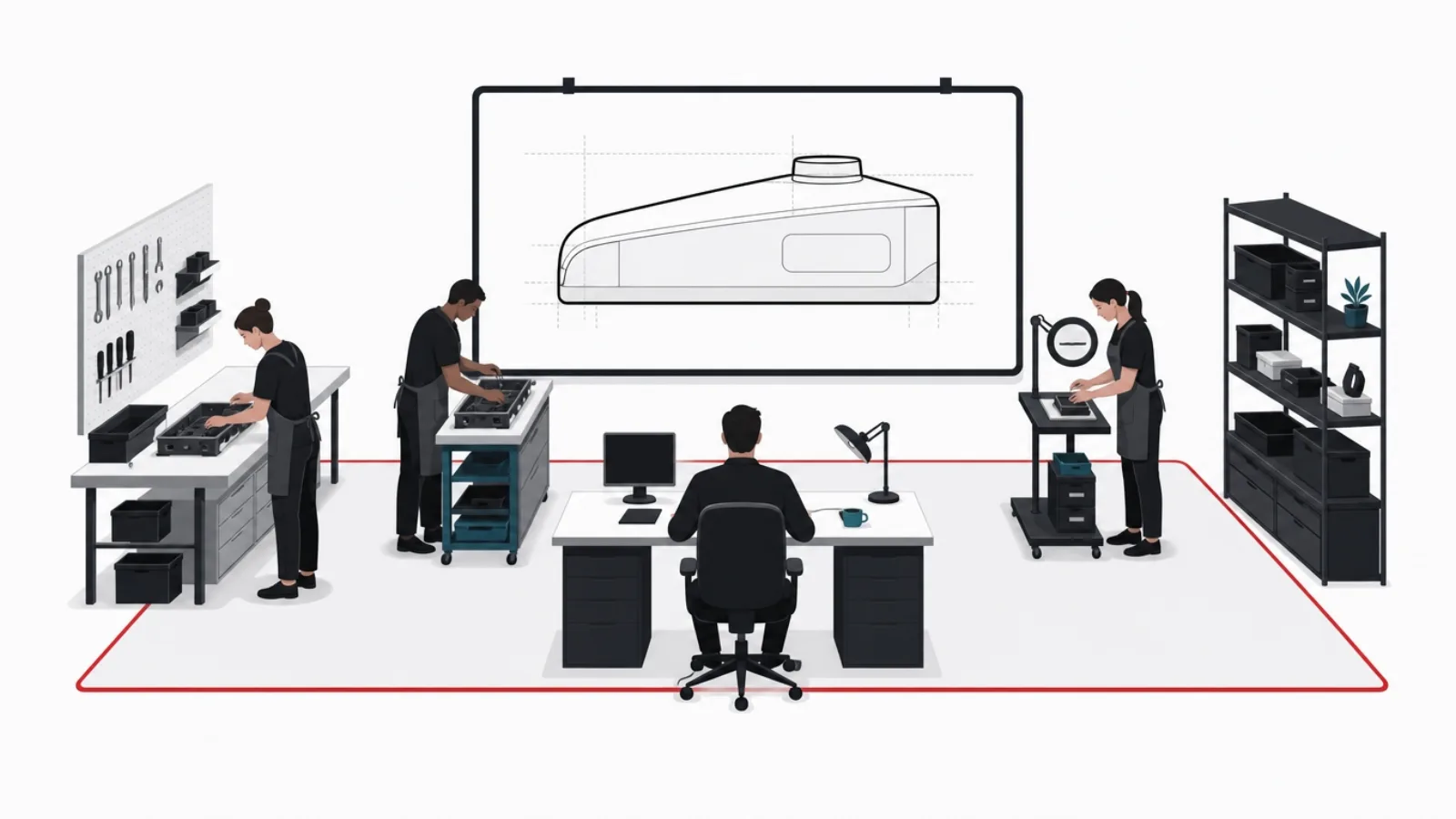 A bounded workshop floor with a lead, builders and an inspector all facing one board bearing a single project silhouette