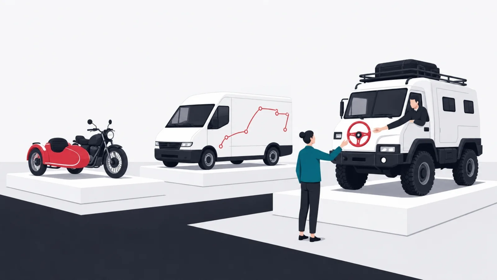 A showroom of a sidecar, a sealed route van and a crewed expedition vehicle whose steering wheel is offered to the buyer
