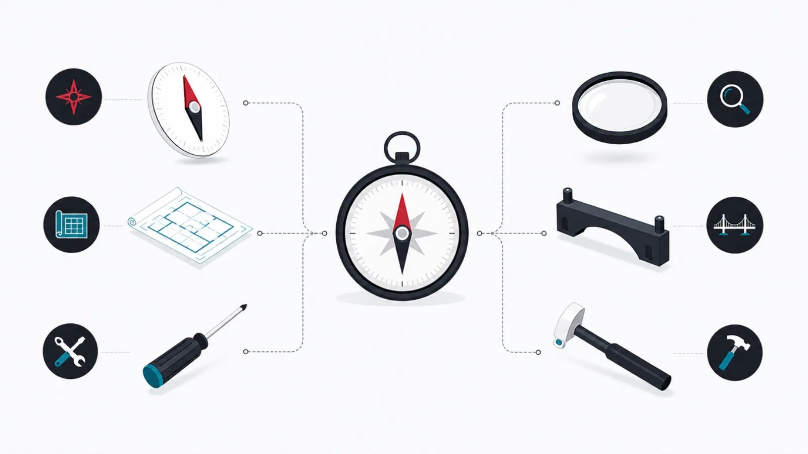 An exploded instrument diagram of compass, blueprint, tools, lens and bridge components assembling into one whole