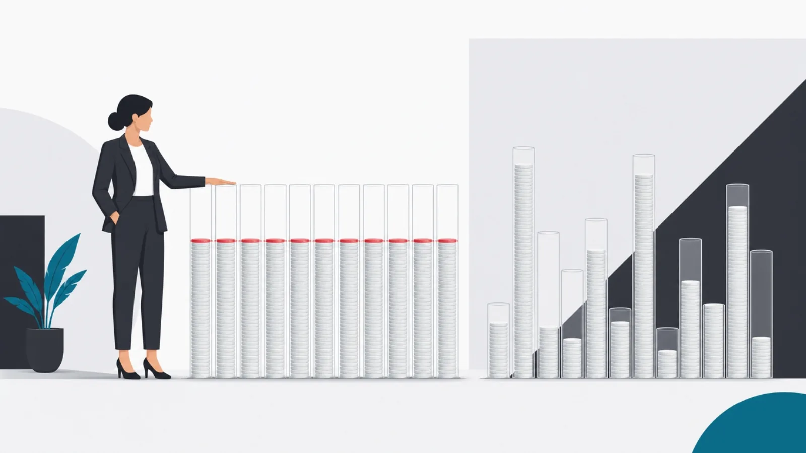A row of calendar columns filling with coins to one steady line beside an erratic meter of spiking columns