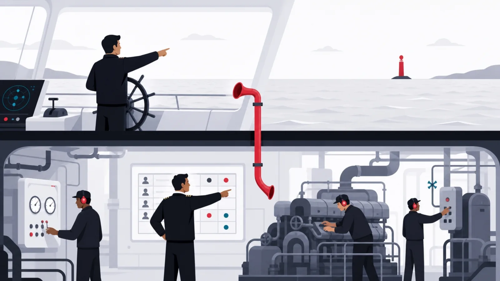 A client steering a ship's wheel toward a horizon while the crew's own officer runs the engine room below, linked by a speaking tube