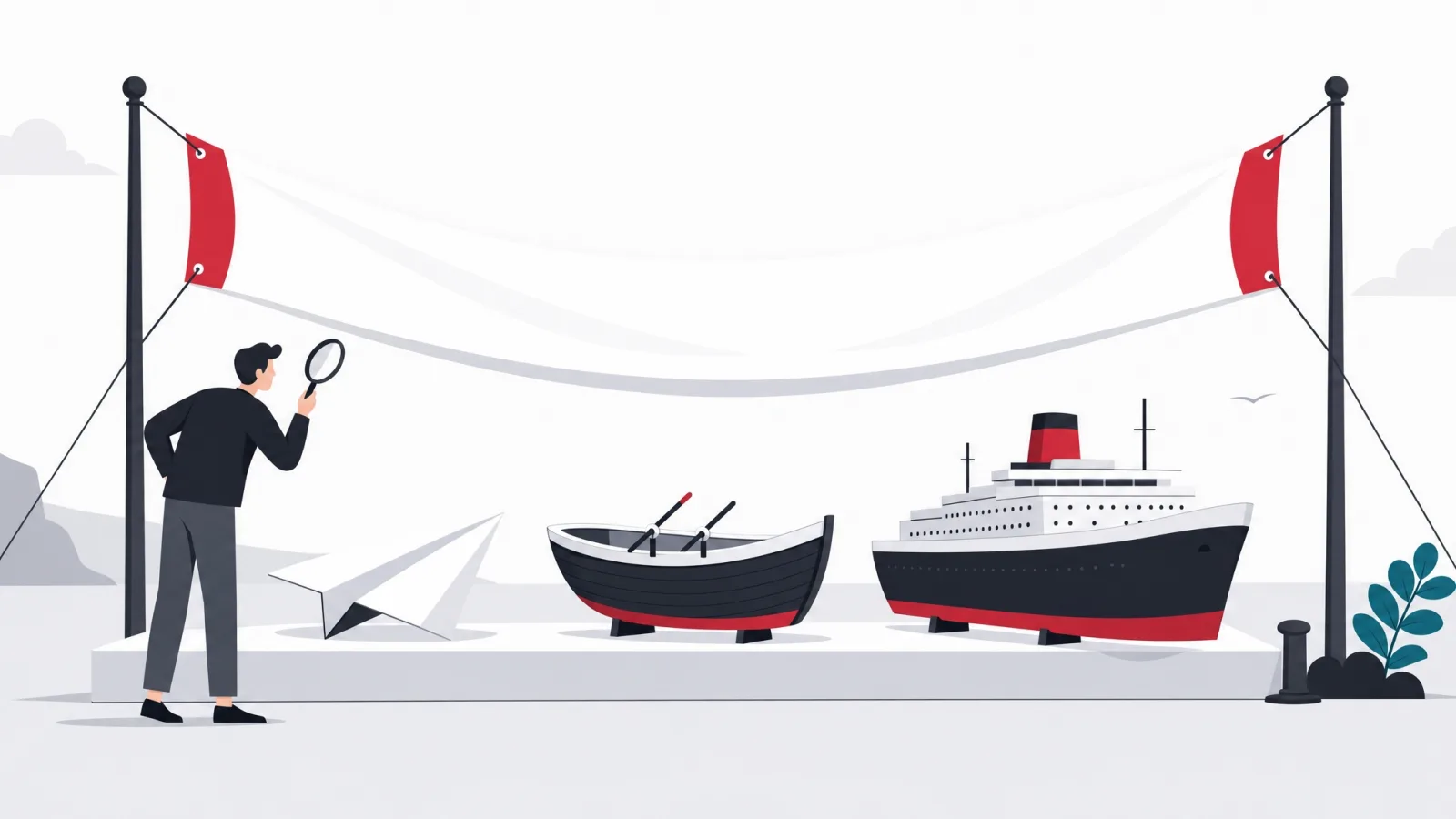 A single sagging price banner stretched over a paper plane, a rowing boat and an ocean liner at one market stall