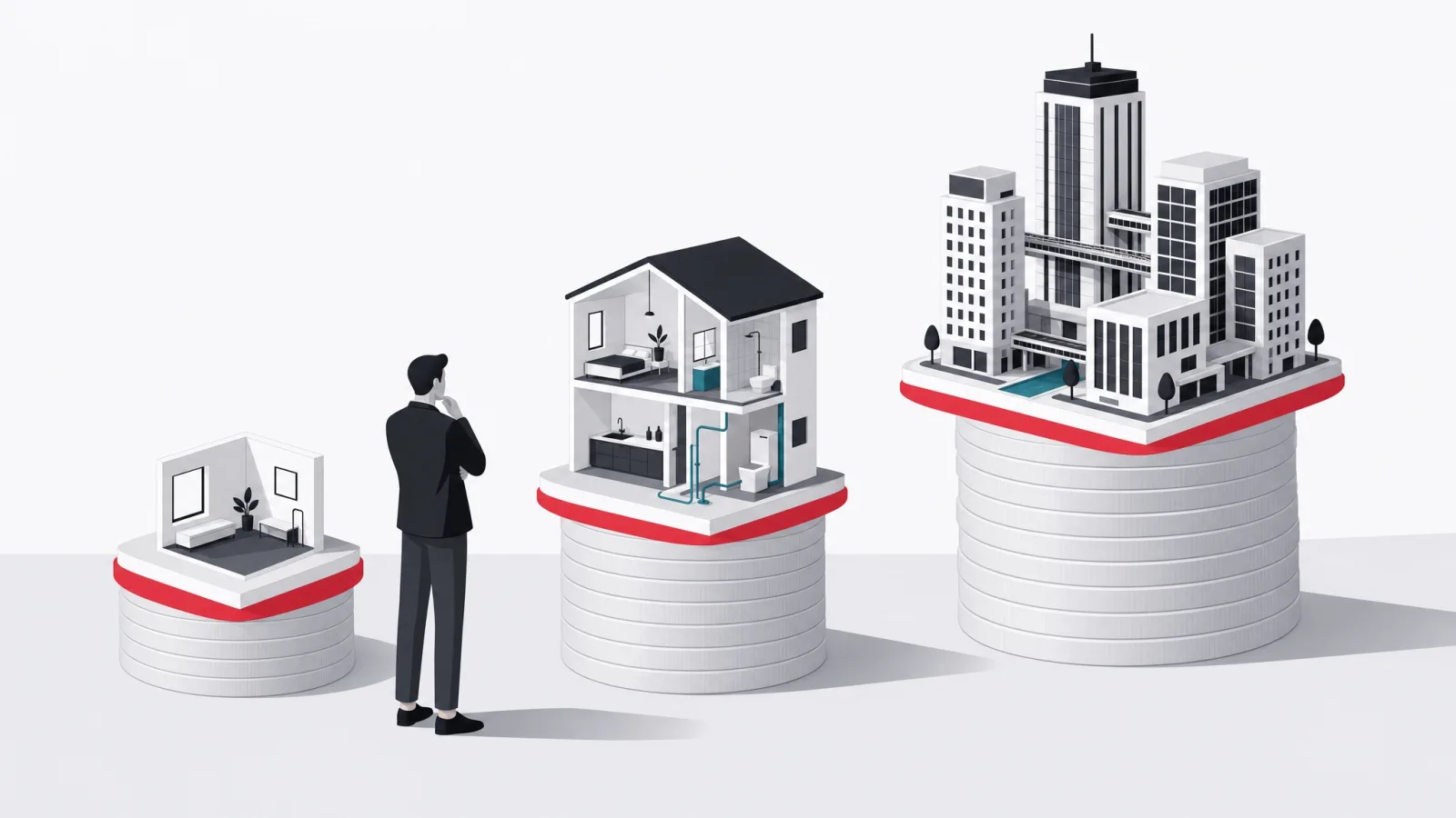 Three ascending architectural models, a room, a house and a city block, each on a coin pedestal of matching height