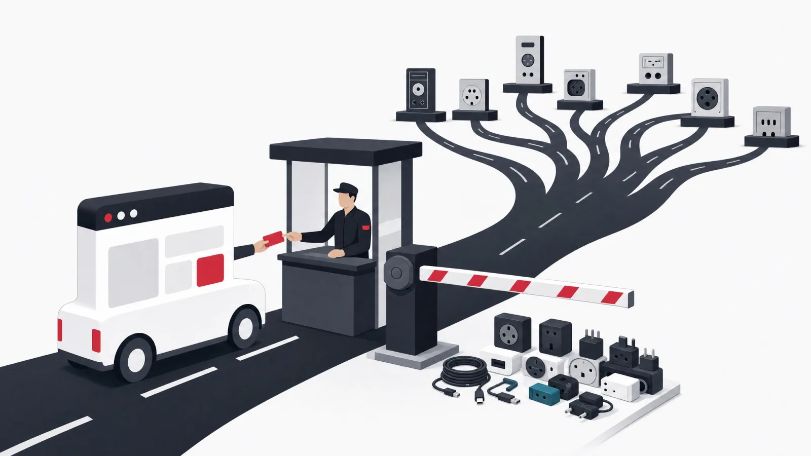 An app-window vehicle paying at a tollgate before narrow lanes leading to old machines with mismatched sockets