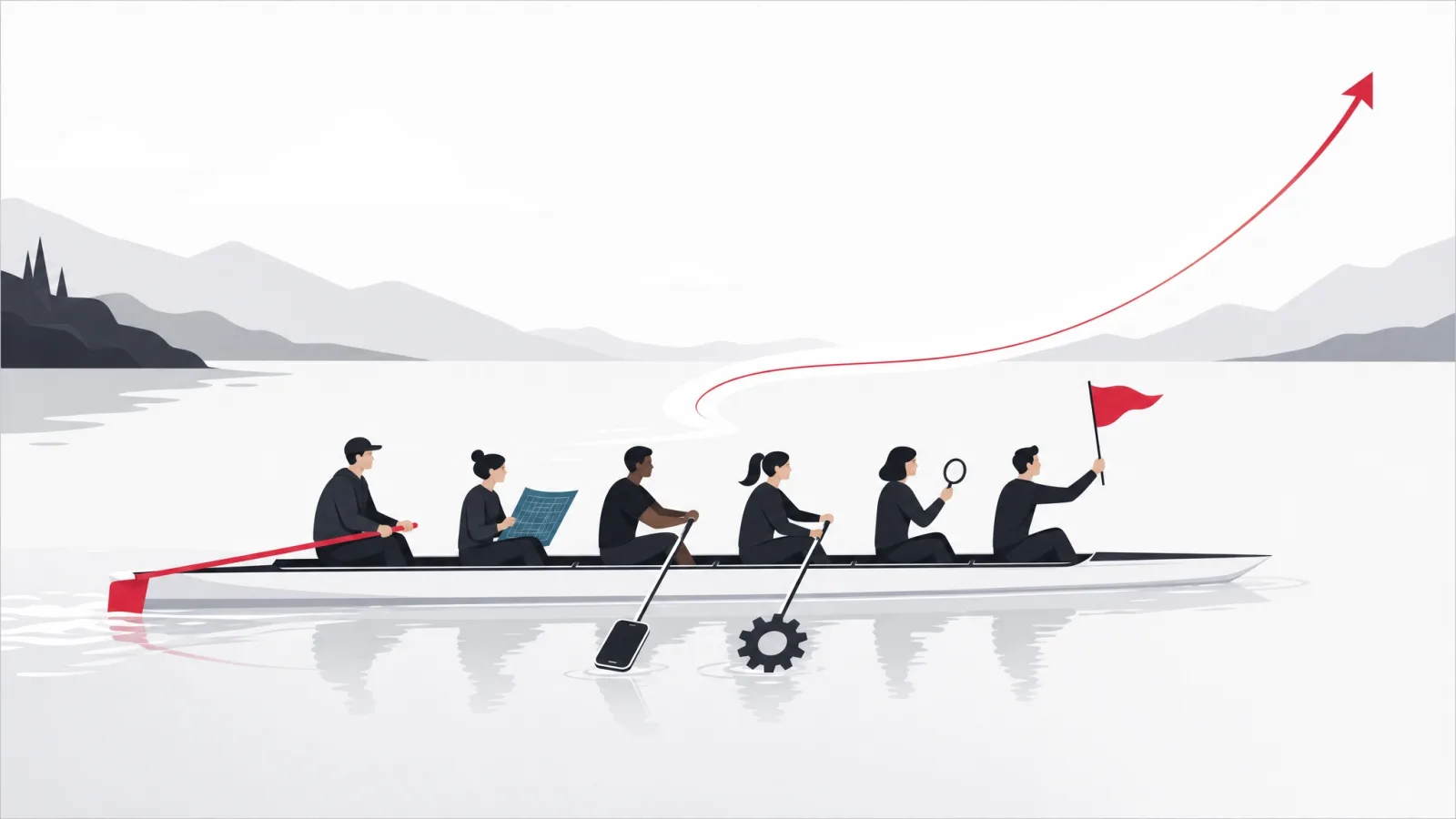 A rowing crew of figures holding a tiller, blueprint, phone oar, gear oar, magnifier and signal flag on calm water