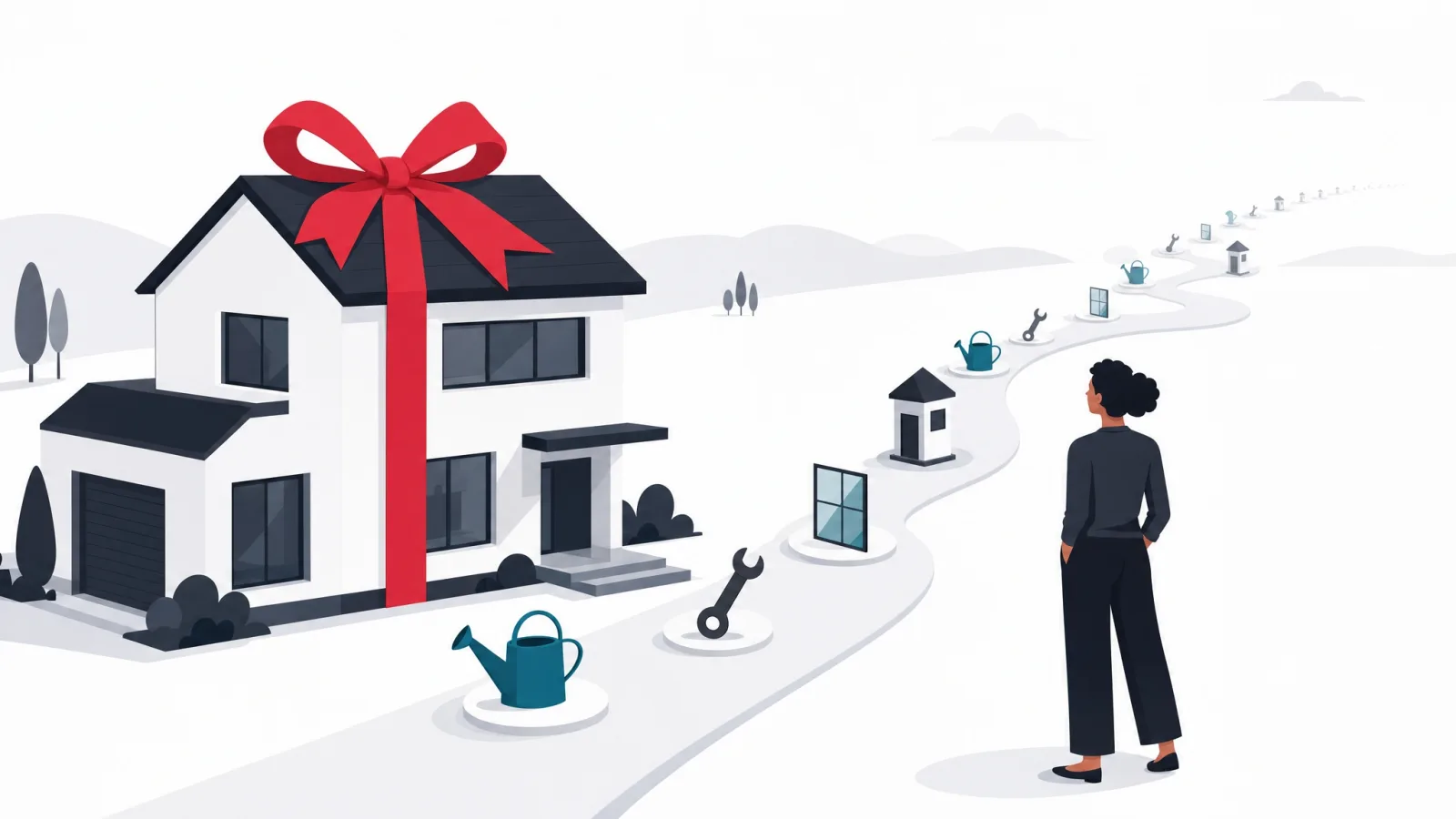 A gifted house with a bow beside a long path of repeating maintenance icons stretching to the horizon