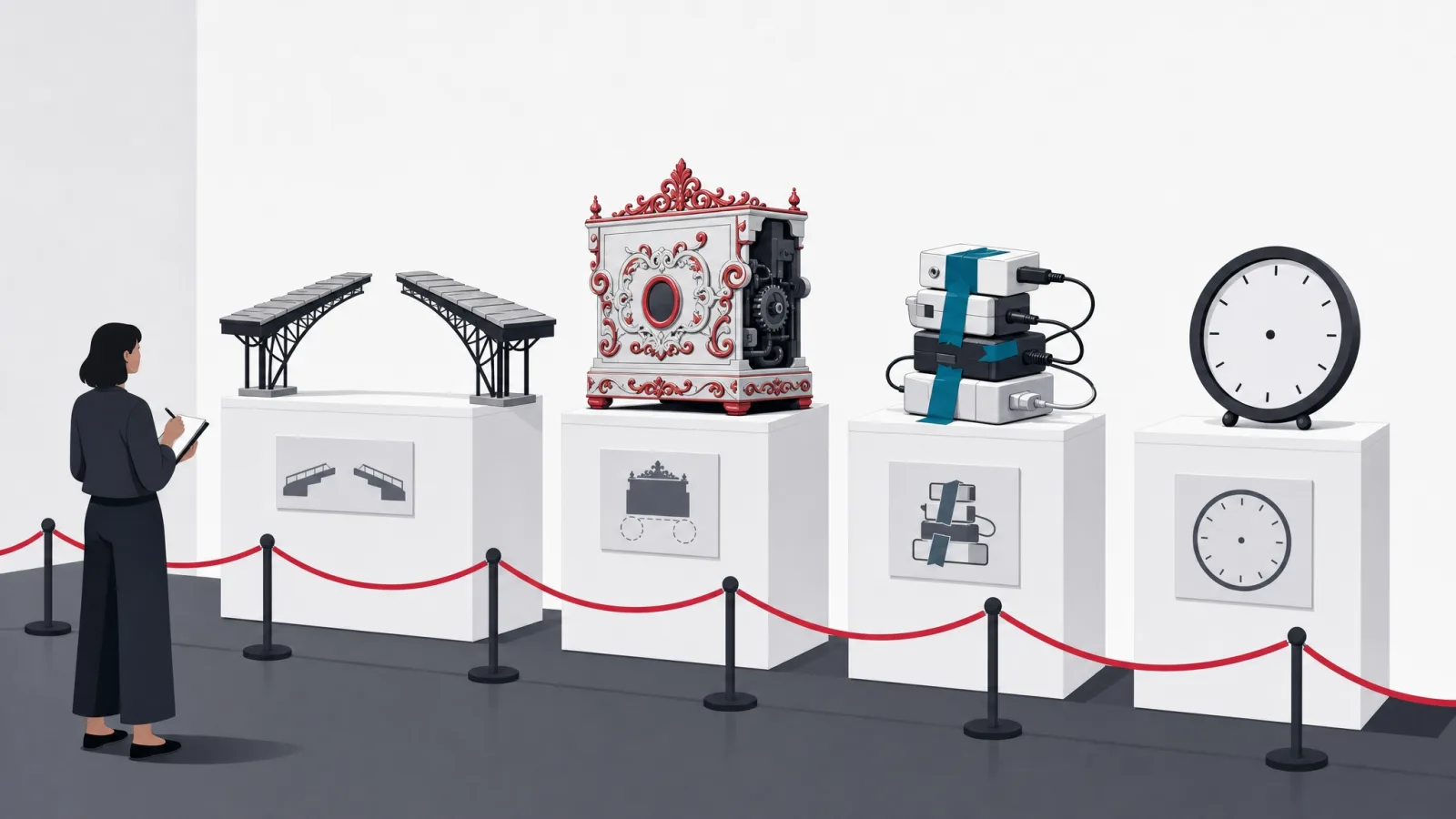 Museum plinths exhibiting a middle-first bridge, an over-gilded wheelless machine, taped adapters and a handless clock