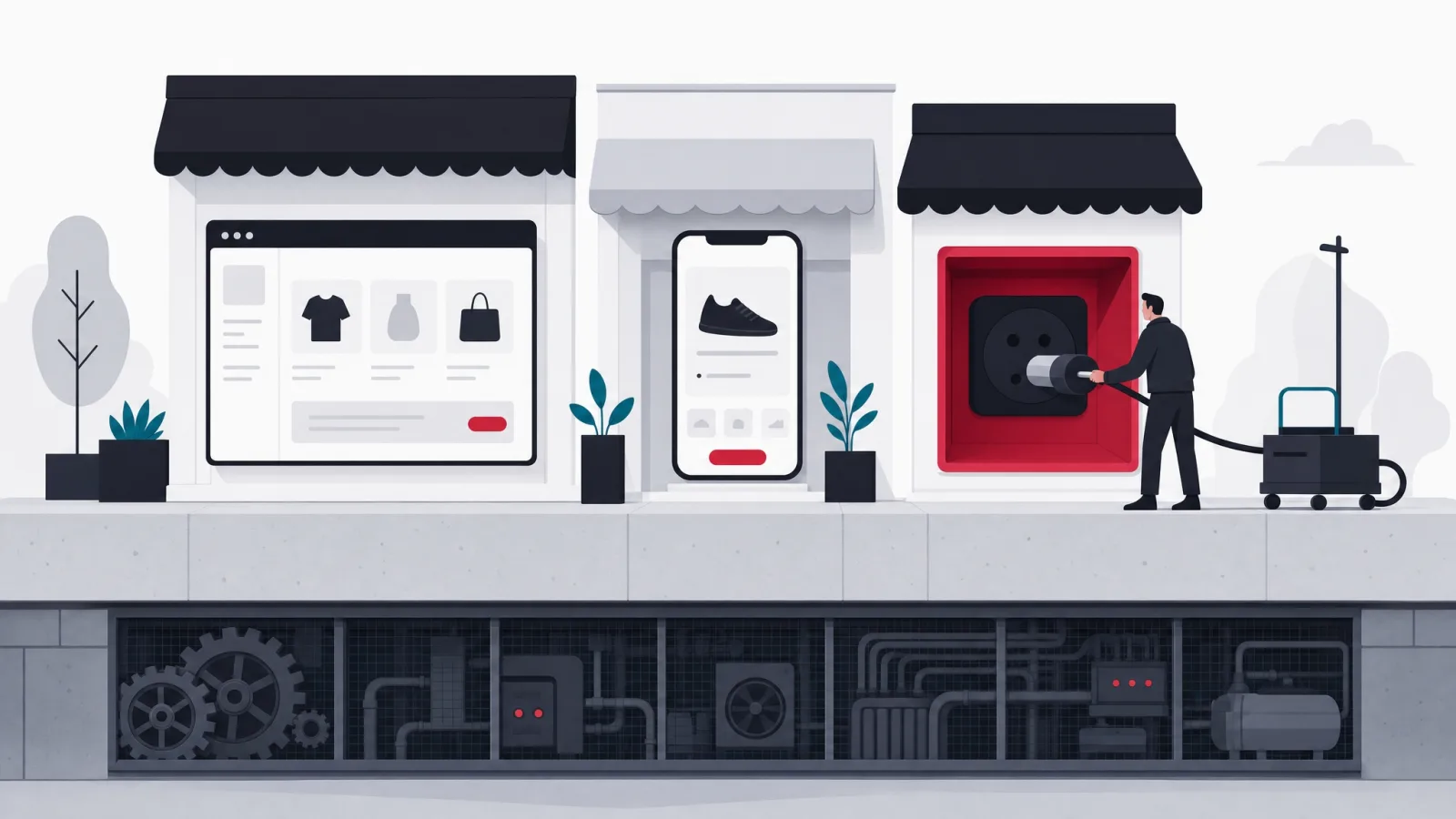 A storefront row of a portal window, a phone window and a partner plugging into a socket, all standing on a massive slab