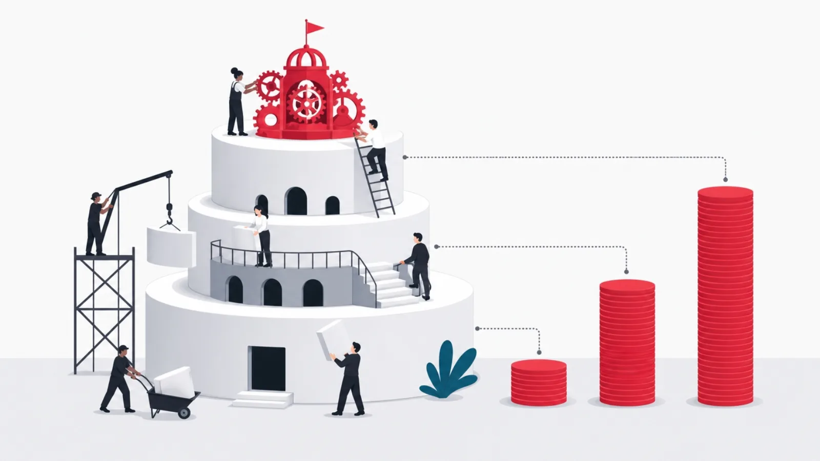 A three-tier structure growing more intricate upward beside steeply rising coin columns