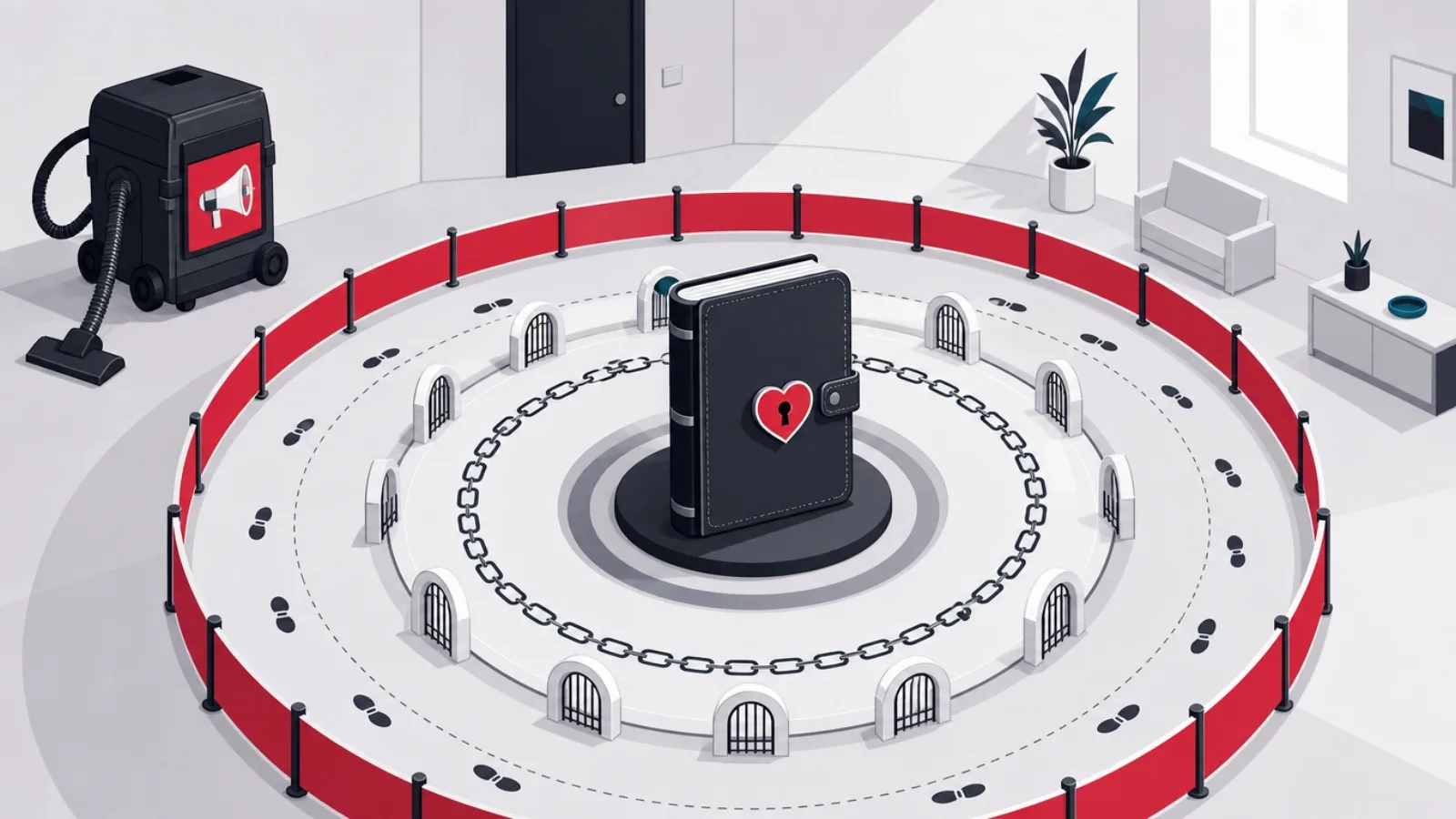 A journal-shaped vault protected by encryption, consent and audit rings with an ad machine walled outside