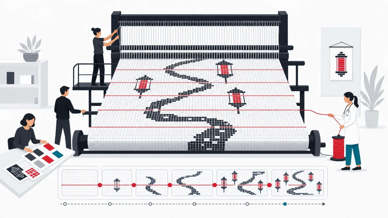 A team at a loom where a clinician feeds one continuous bright thread through every row of the fabric