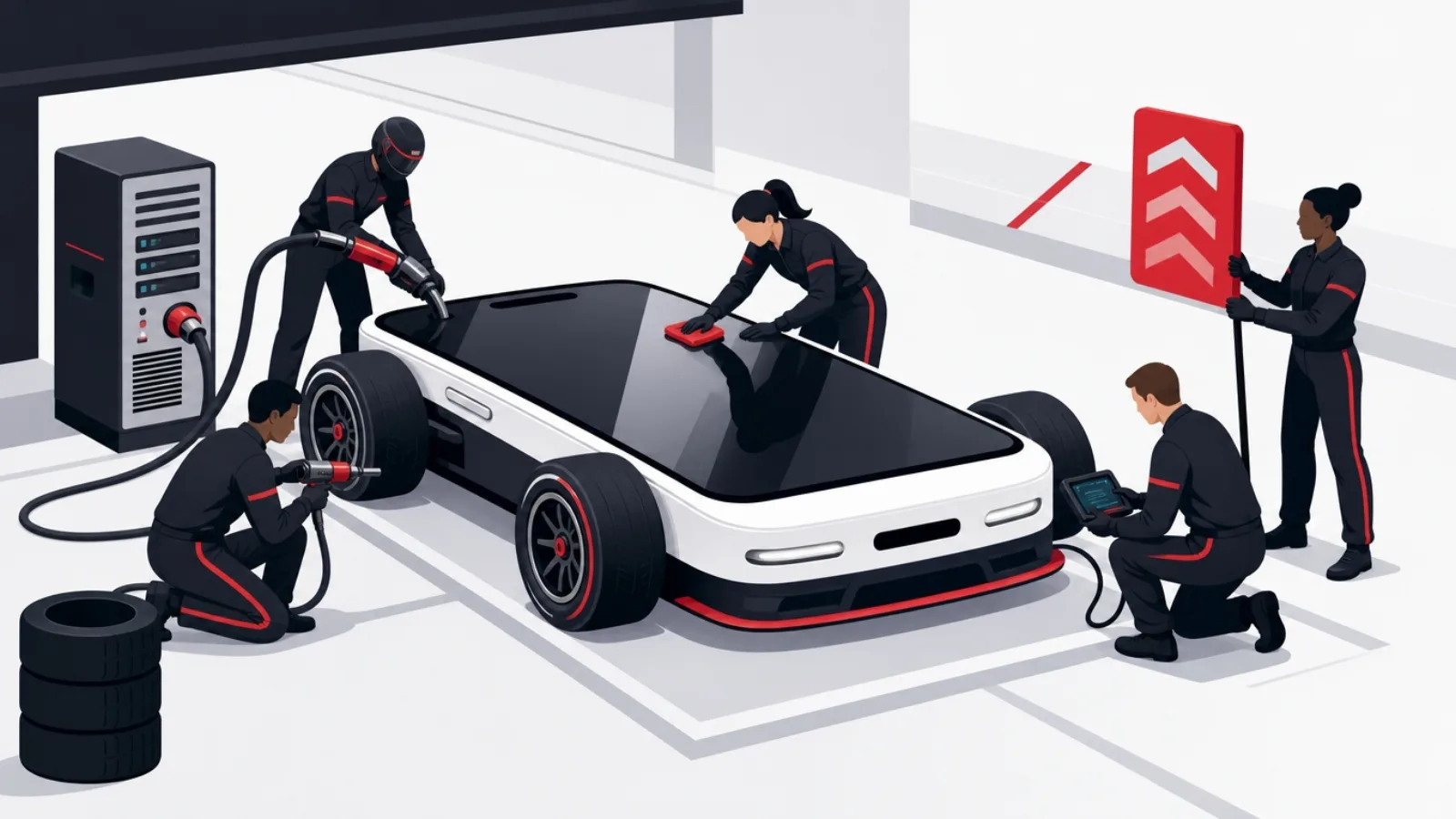 A pit crew servicing a phone-shaped vehicle with distinct stations for wheels, fueling, polish, diagnostics and the pit board