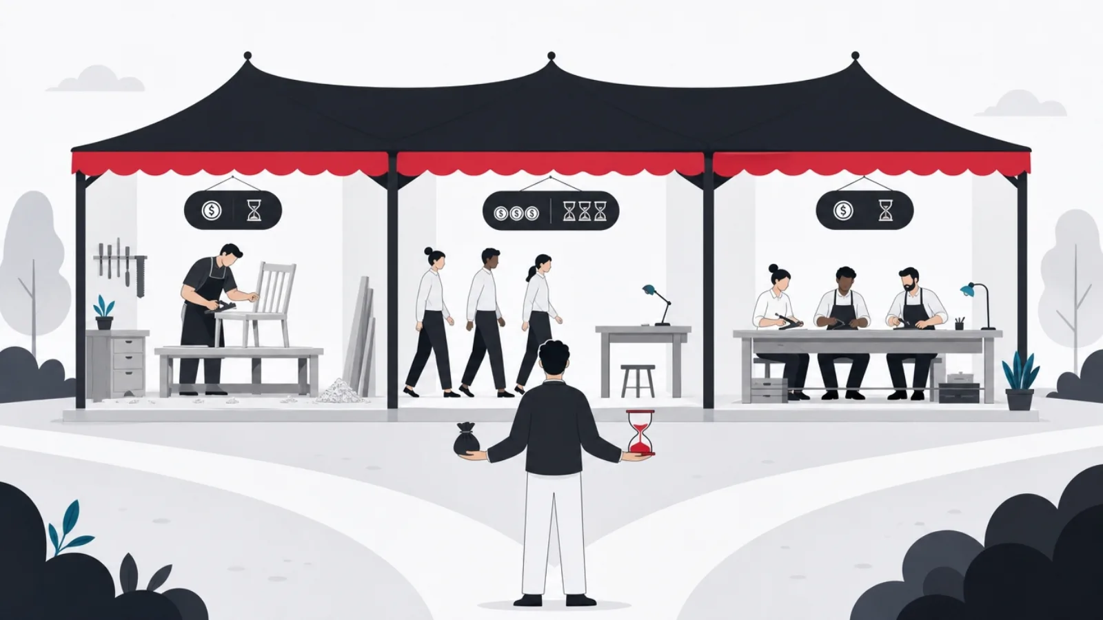 Three market stalls offering a slow-crafted chair, ready figures joining the buyer's bench, and a complete pre-seated bench, before a buyer weighing coins and an hourglass