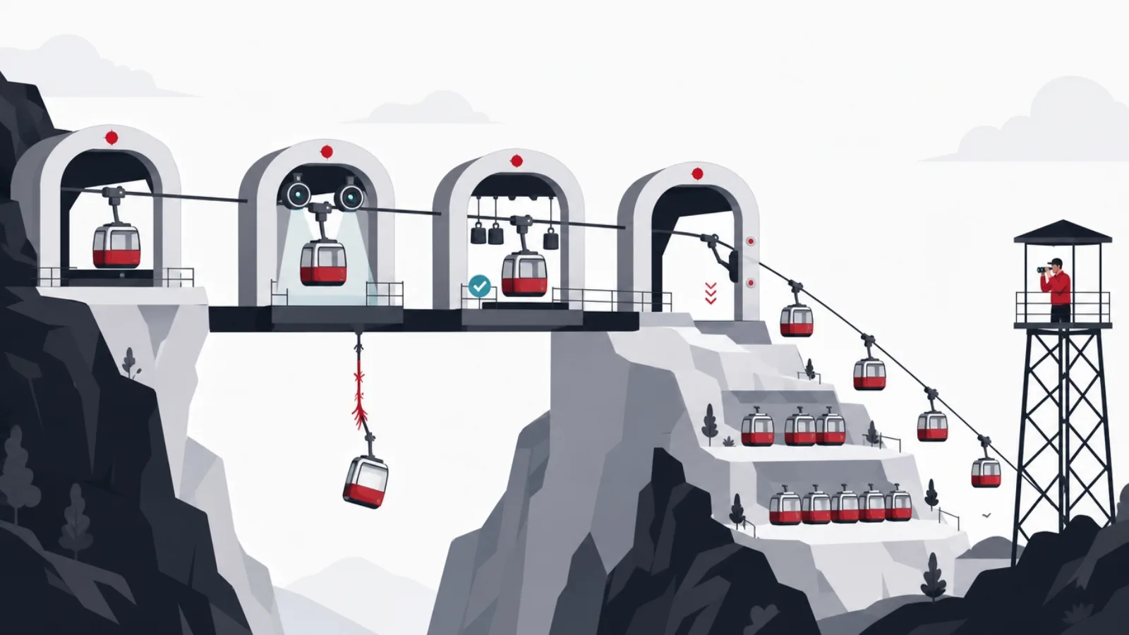 A cable car release pipeline of inspection, test and staged-descent arches with a watchtower, and one car dangling from a frayed strand