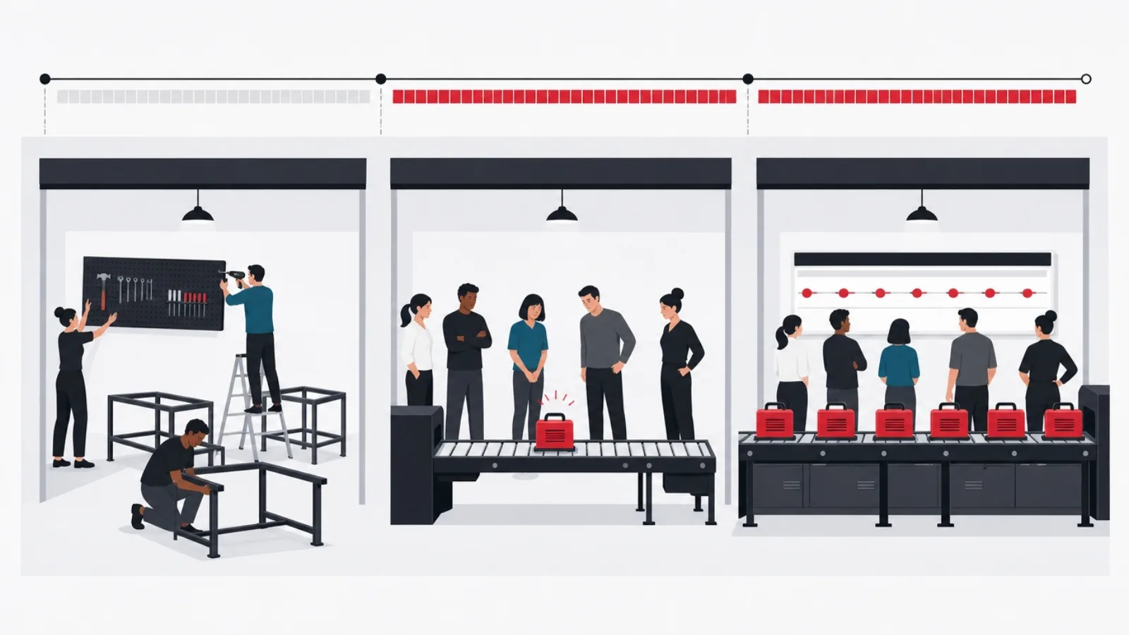 Three workshop bays showing benches being raised, a first small object completed, and a full line running under a rhythm board