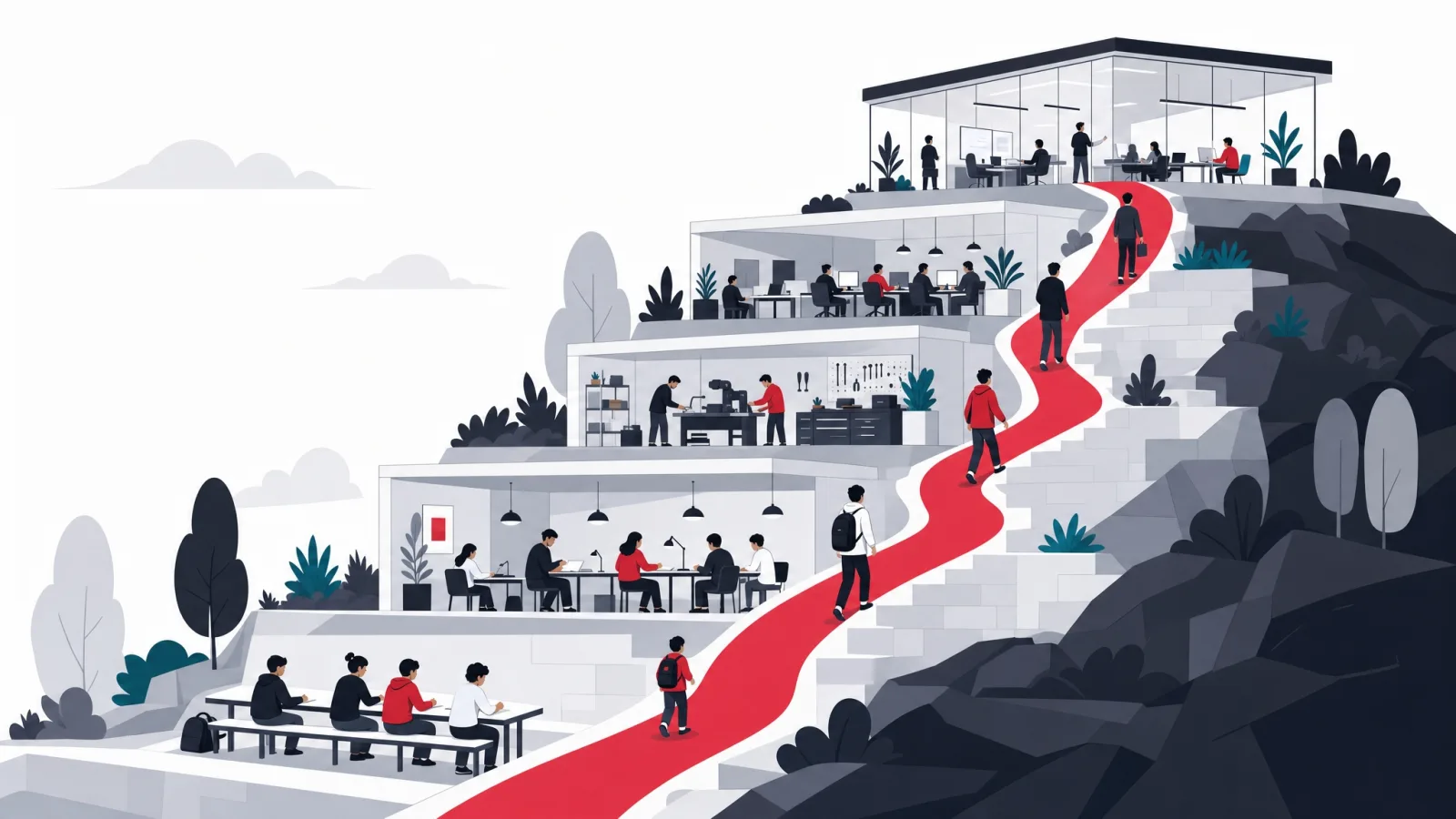 A terraced hillside ascending from a classroom bench through study halls and workshops to a modern engineering office