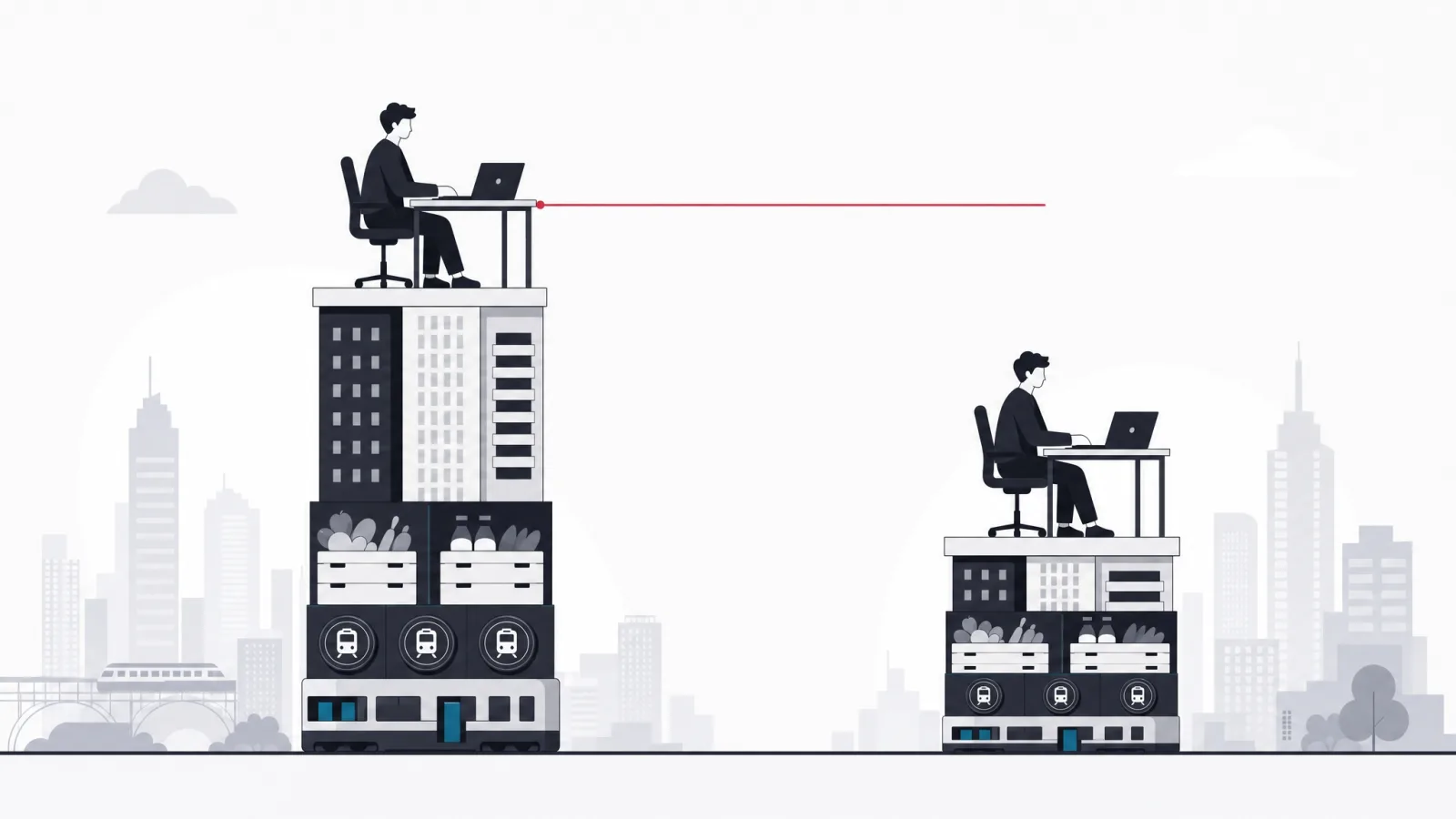 Two identical desks and engineers standing on plinths of different heights built from city cost blocks