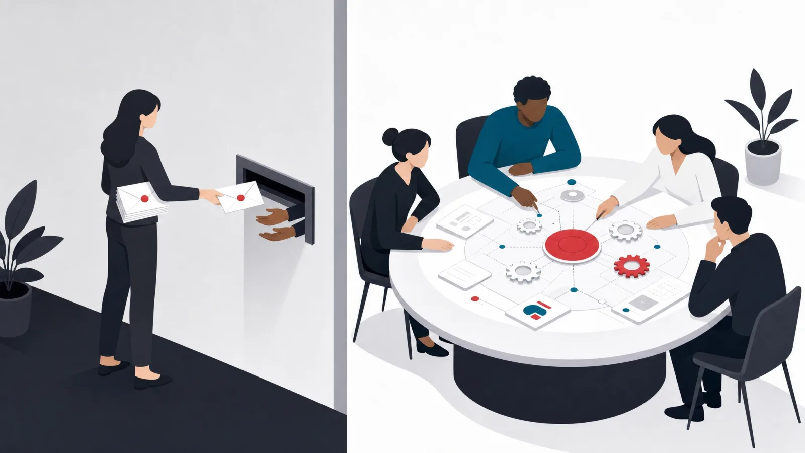 A wall slot passing sealed envelopes contrasted with a shared round table of mixed figures over one living blueprint