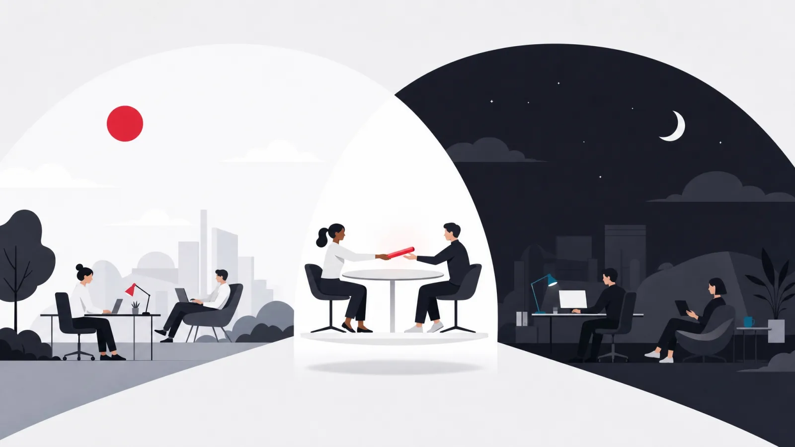 Two overlapping arcs of daylight with figures meeting at a table in the bright overlap zone to pass a glowing baton