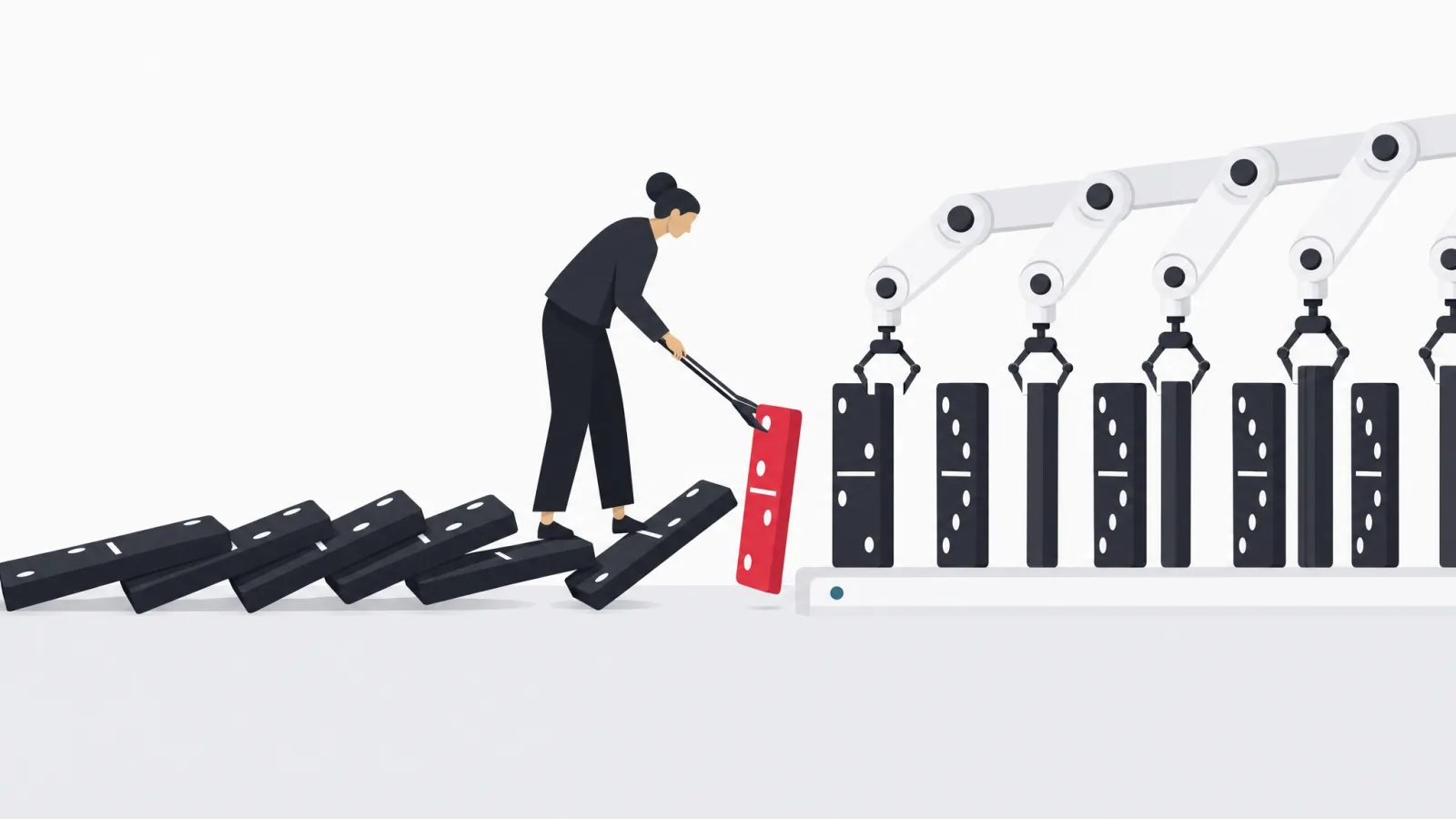 A figure inserting a new domino into the middle of a fallen cascade while machine arms re-set every domino after it
