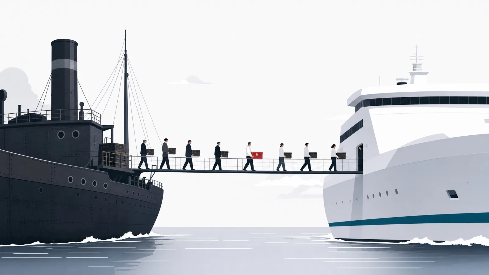 Figures carrying sealed chests one at a time across a narrow gangway between an old iron ship and a new ship, both sailing