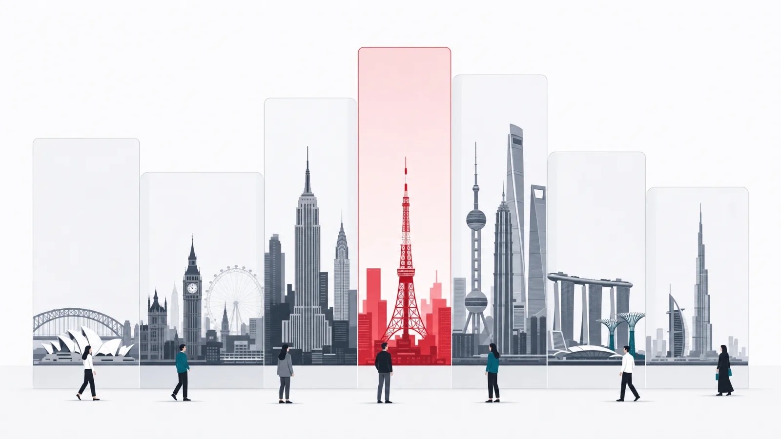 Regional skylines standing inside overlapping vertical glass bands of different height ranges on one baseline