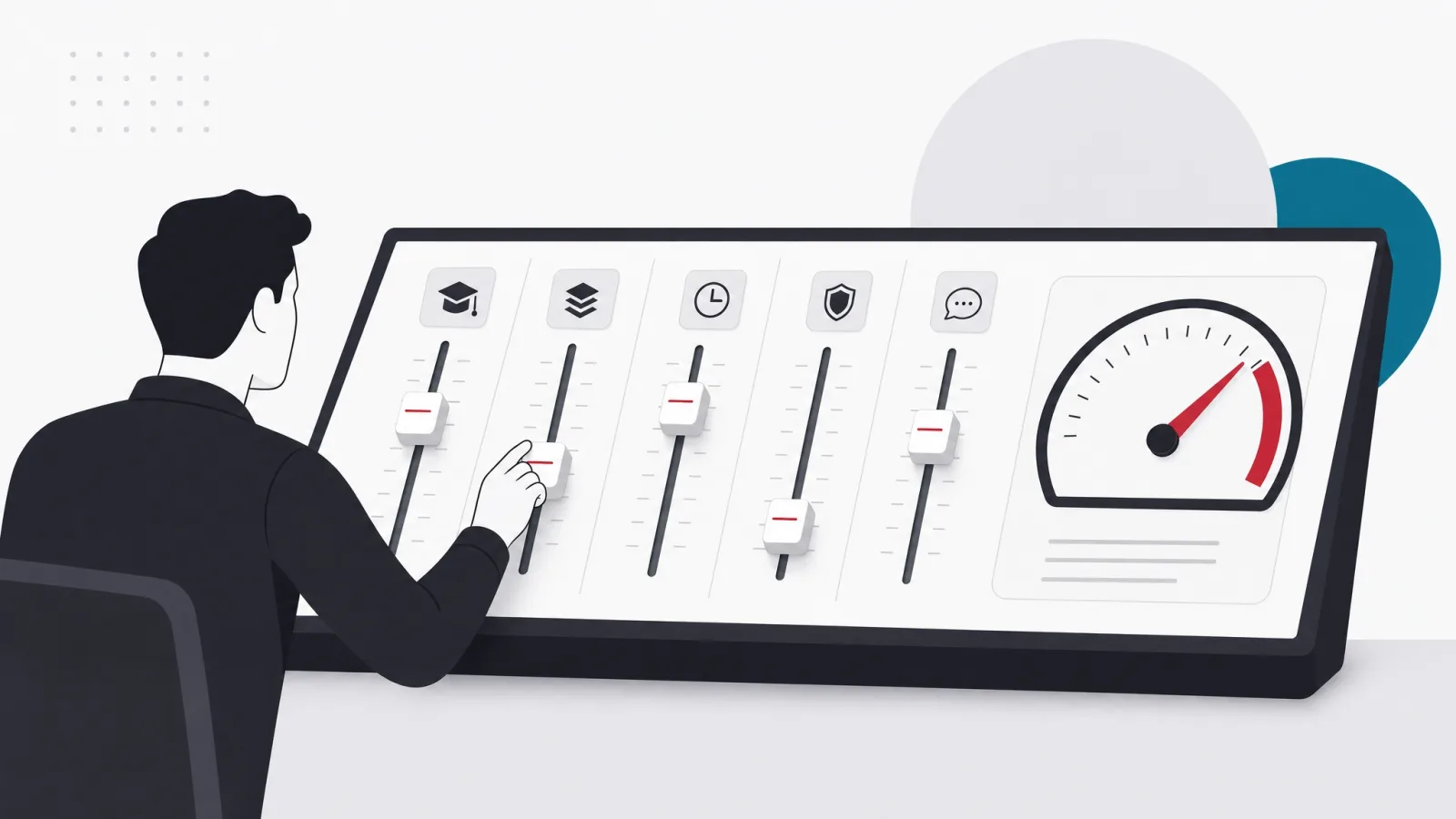 A mixing desk of icon-capped sliders for seniority, stack, hours, security and language, moving one output needle