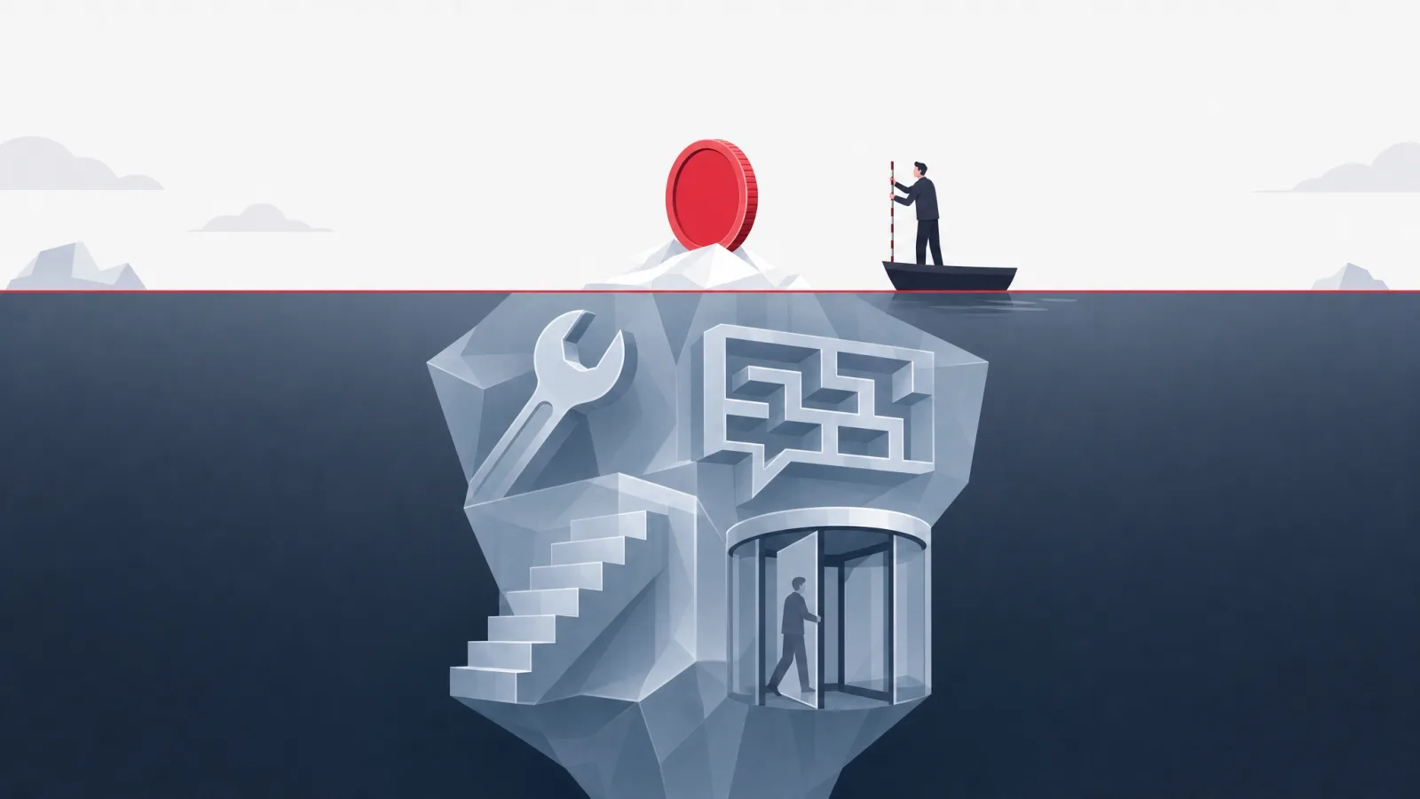 An iceberg with a coin tip above water and translucent blocks of rework, coordination, ramp-up and turnover below