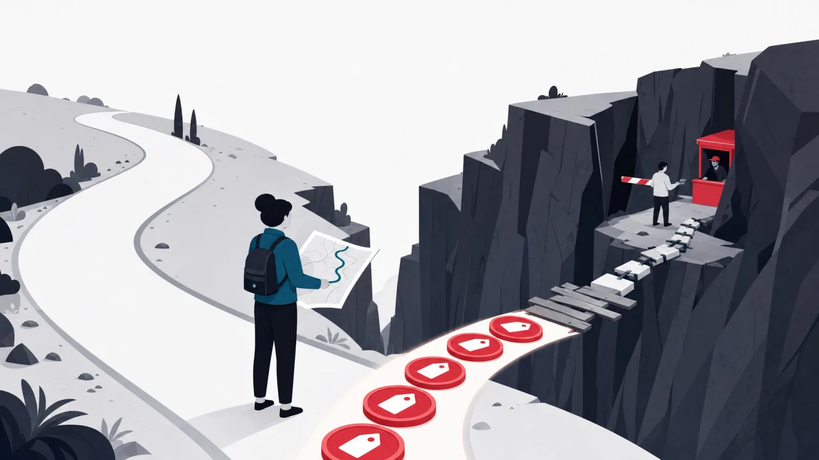 A coin-paved shortcut degrading into plank gaps and a hidden toll booth, while a figure consults a longer solid road