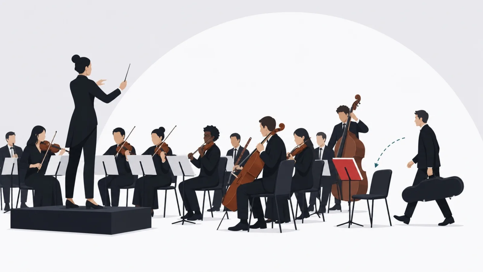 A new musician joining seated orchestra rows and playing from the same score under the same conductor