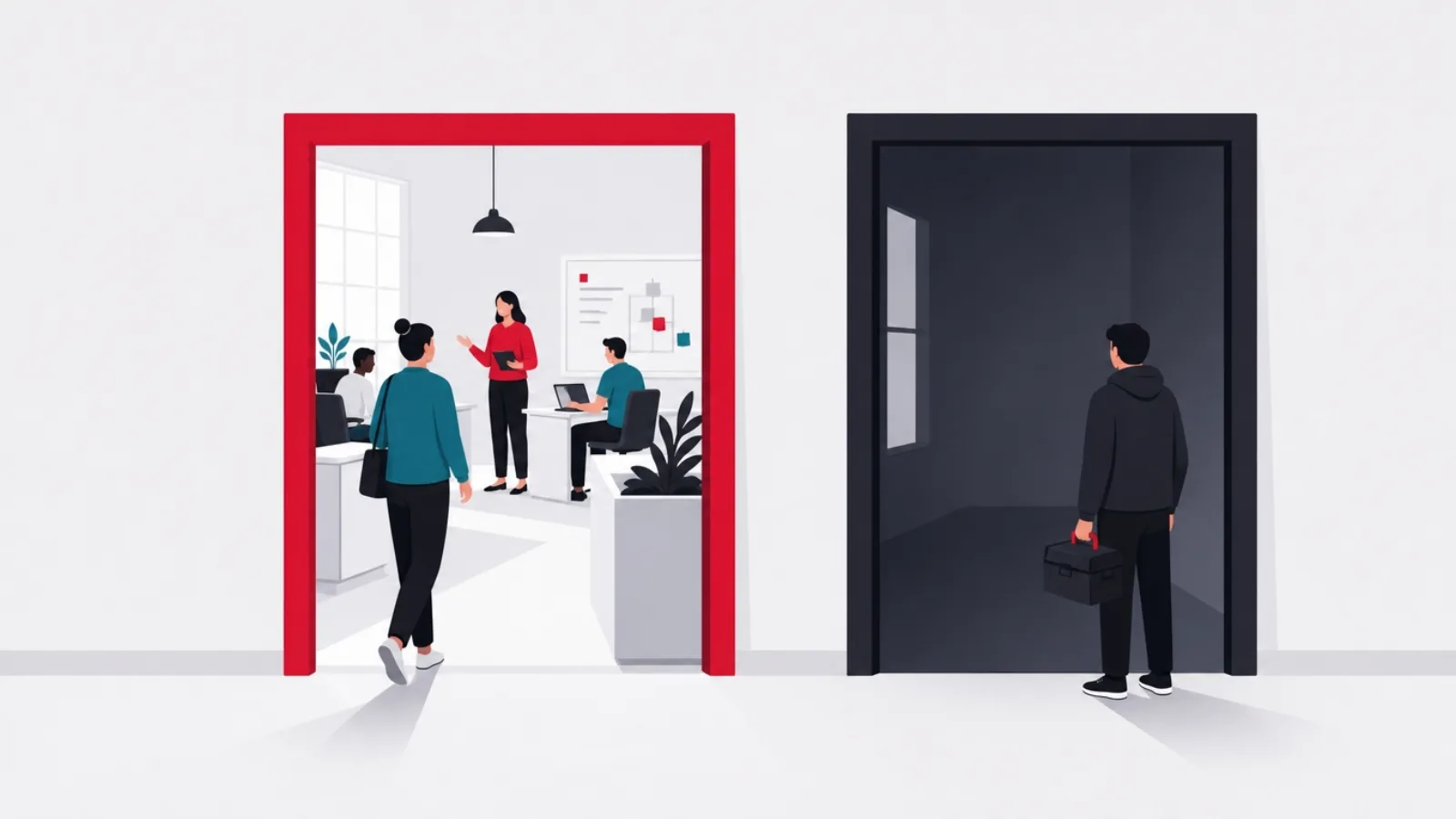 Two doorways, one opening on a led and organized team room, one on an empty dim room where a new arrival hesitates