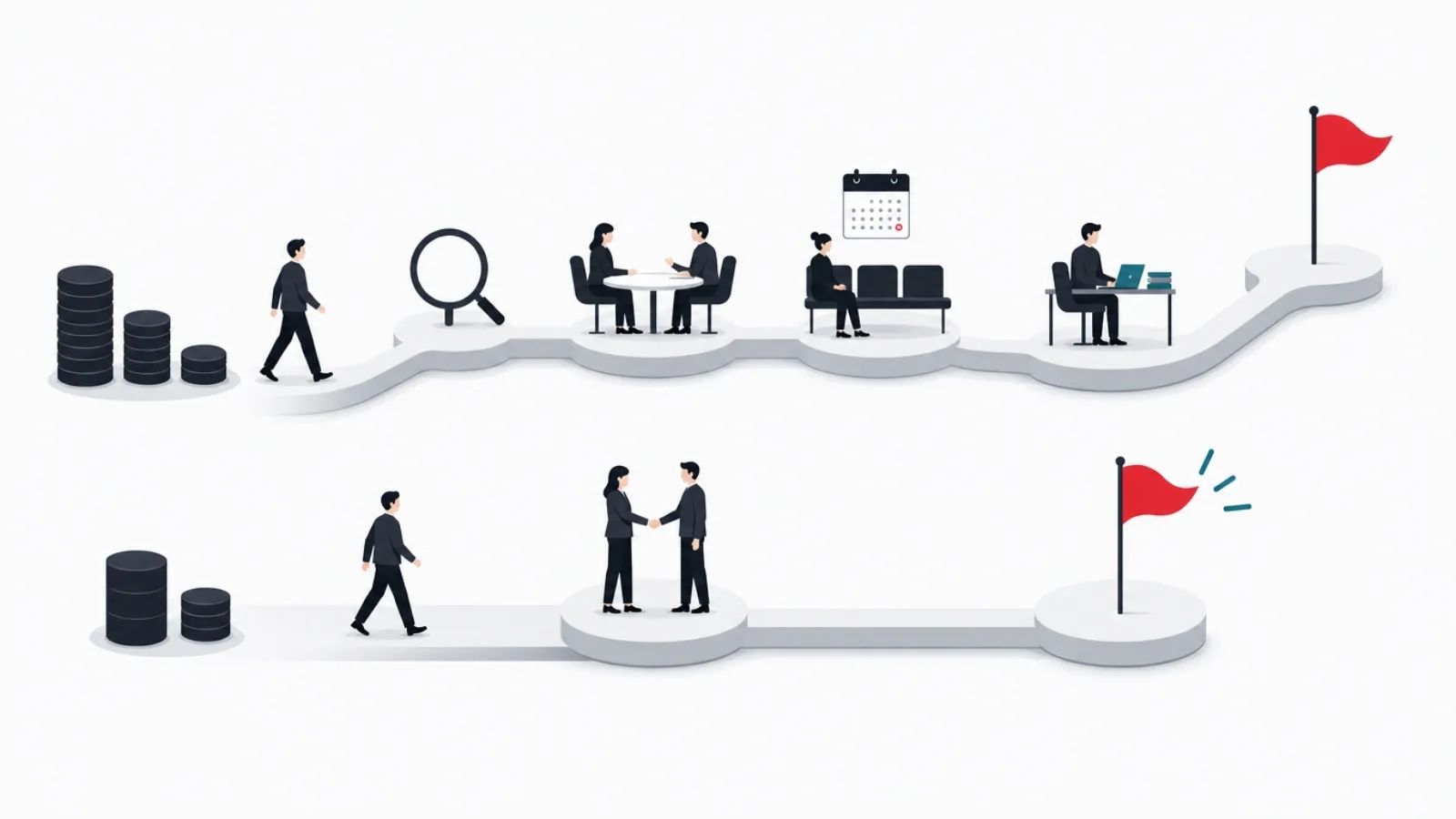 Two paths to one flag, a long hiring path of lens, interviews, waiting and training beside a short handshake path