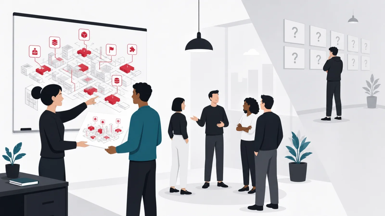 A manager onboarding an augmented engineer with a codebase city map and standup circle, beside a faded vignette of a newcomer left alone