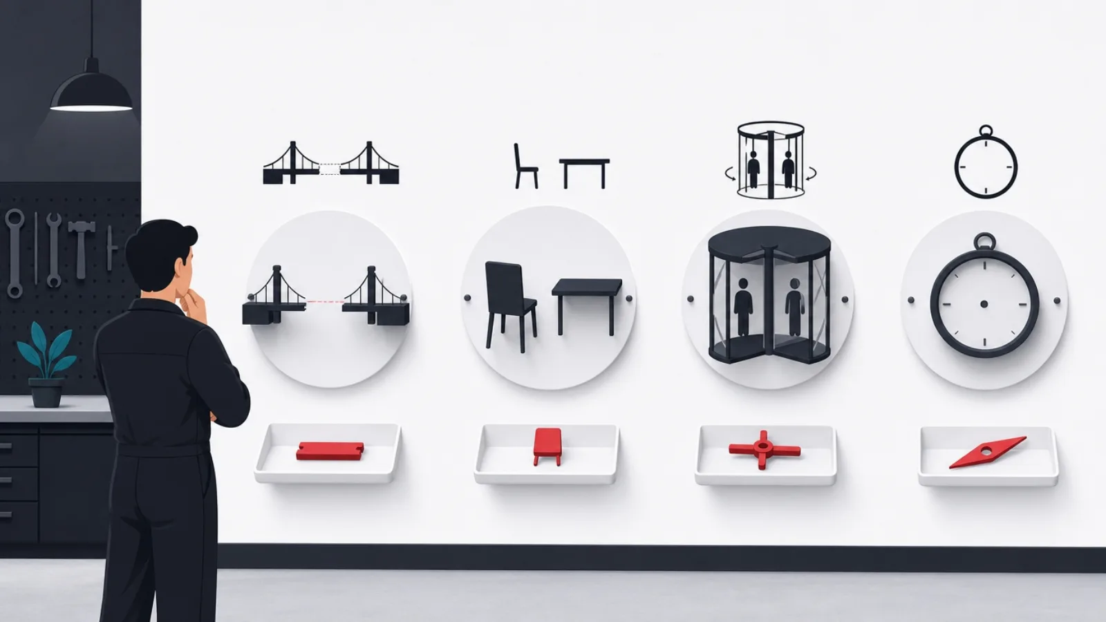 A diagnostic wall of four broken mechanisms, a plankless bridge, a turned chair, a revolving door and a needleless compass, each with its missing part in a tray