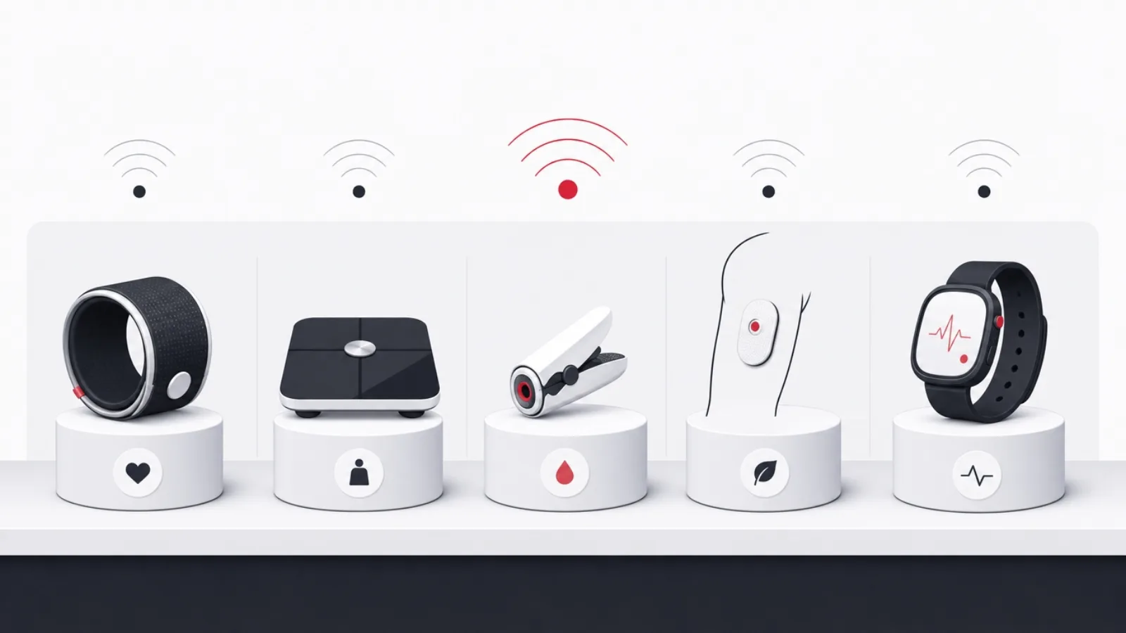 A shelf of stylized monitoring devices, each on its own pedestal with a signal beacon above
