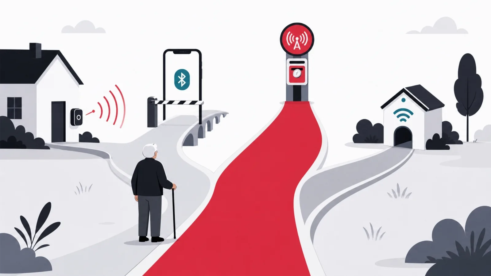 A signal leaving a house choosing between phone-pairing, cellular and hub roads, with the cellular road smoothest