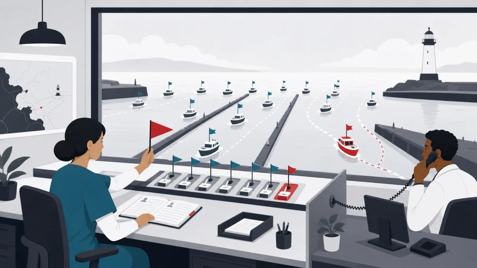 A nurse at a harbor triage desk reviewing flag-boats, escalating one via speaking tube while routine boats pass
