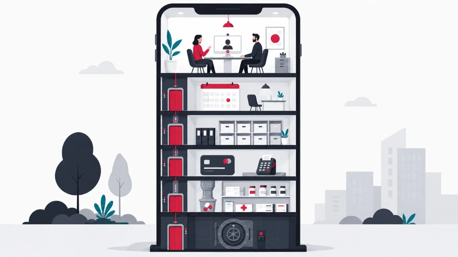 A phone-shaped building cutaway with a video call on top and supporting service floors below