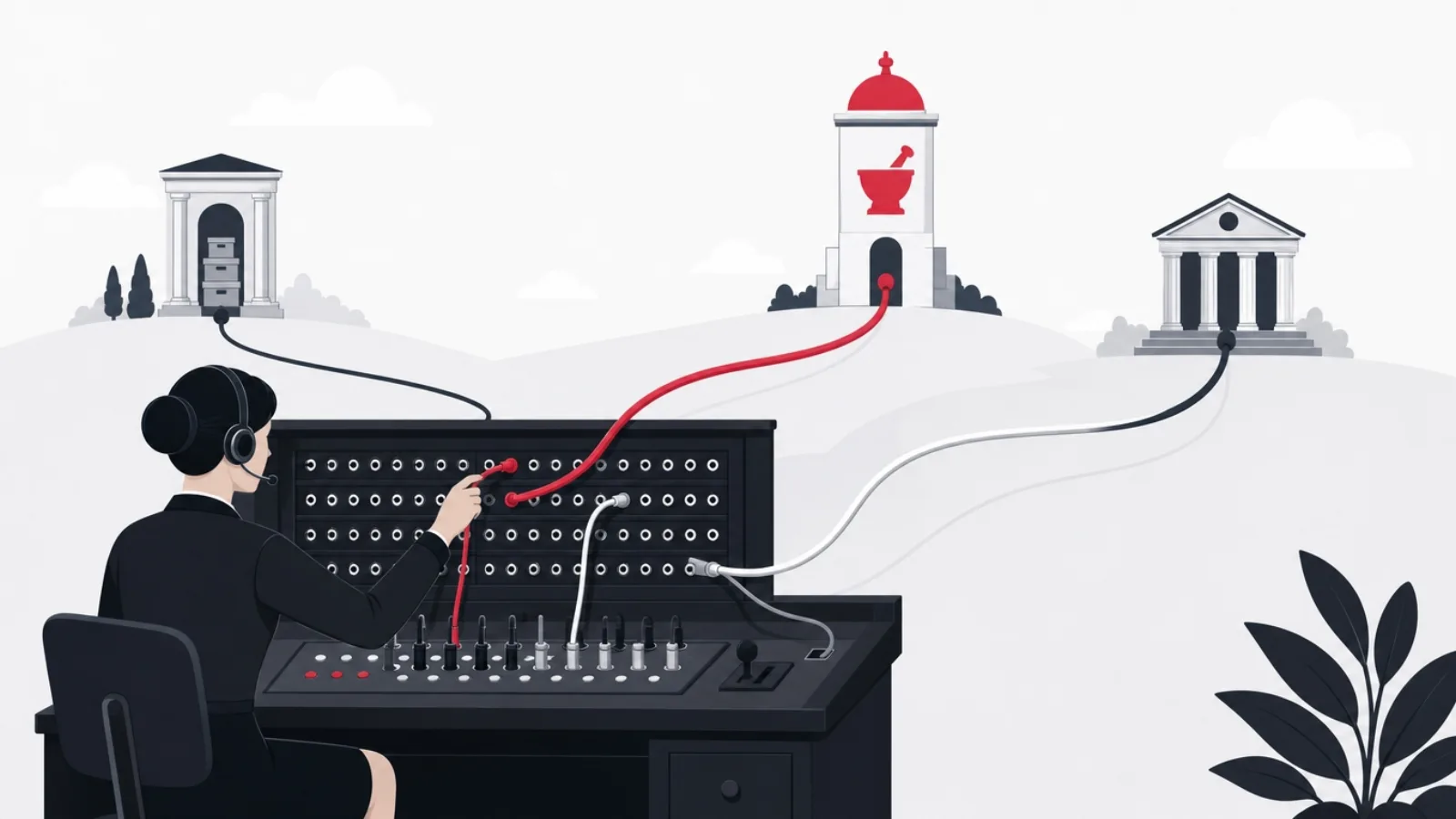 An operator patching cables from a central console to records, pharmacy and payment towers