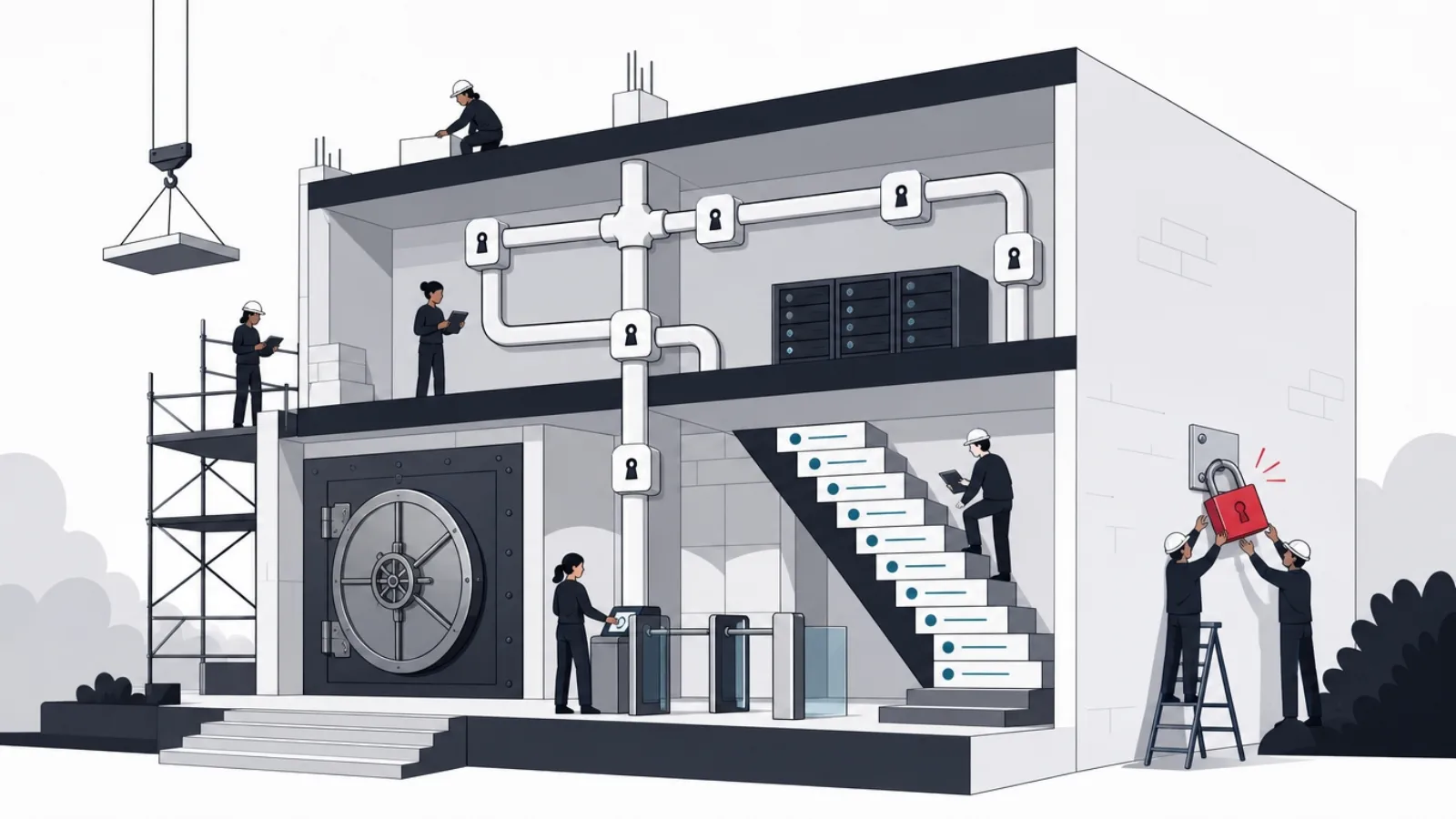 A building with vault door, lock-jointed plumbing and ledger staircase, next to a padlock bolted on as an afterthought
