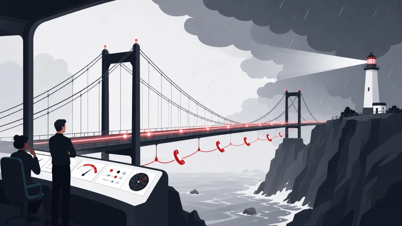 A suspension bridge carrying a call signal with redundant cables, a telephone fallback lane and a monitoring lighthouse