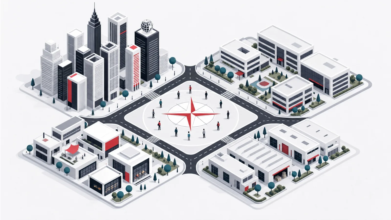 An aerial diorama of four business quarters of towers, campuses, studios and workshops around a central compass plaza