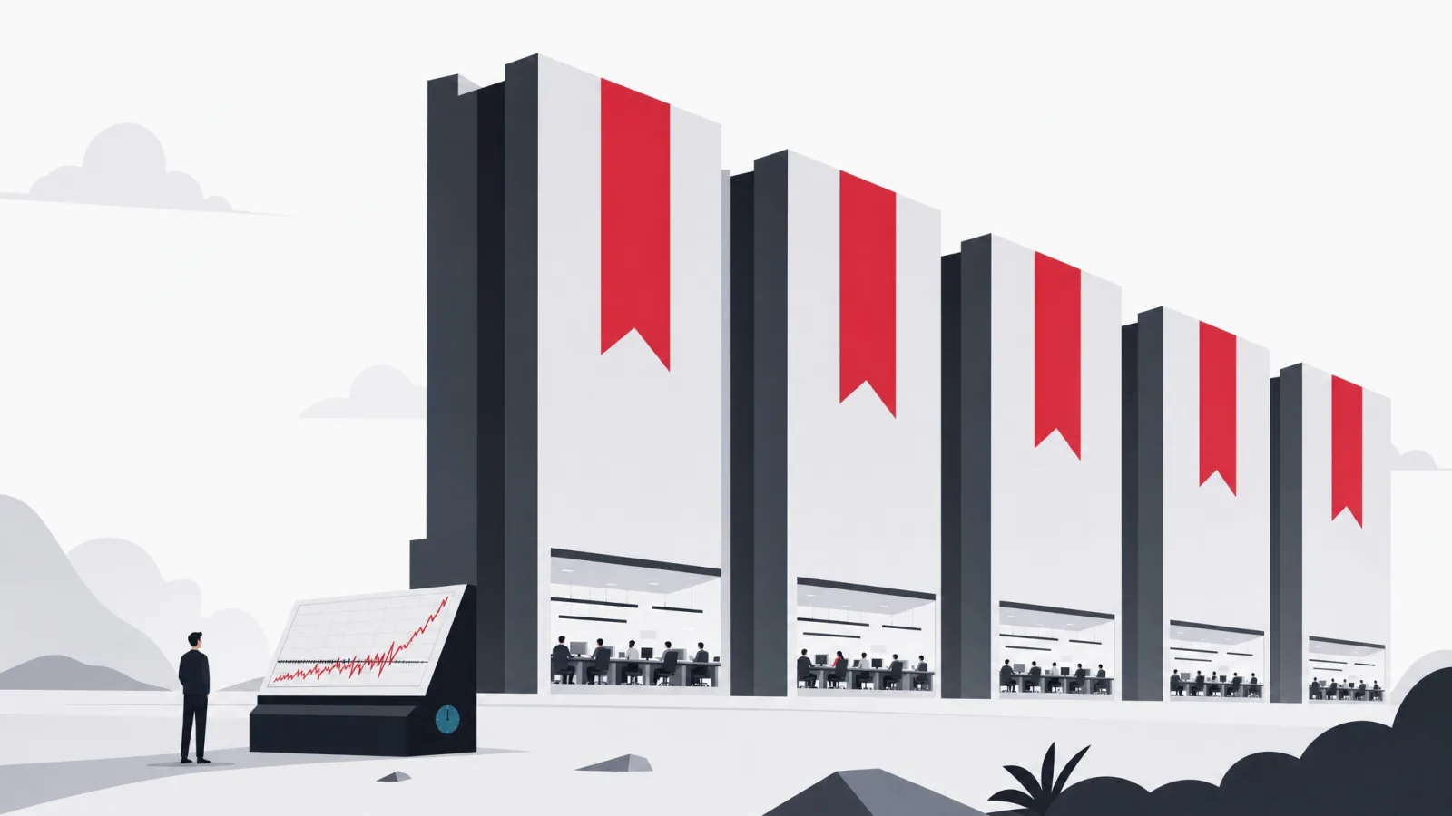 Monumental towers with plain pennants above ground floors of engineers, and an observer reading a rising instrument line